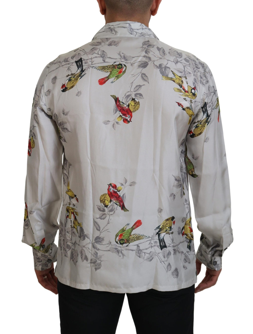 Dolce &amp; Gabbana White Bird Print Silk Satin Casual Shirt