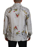 Dolce &amp; Gabbana White Bird Print Silk Satin Casual Shirt