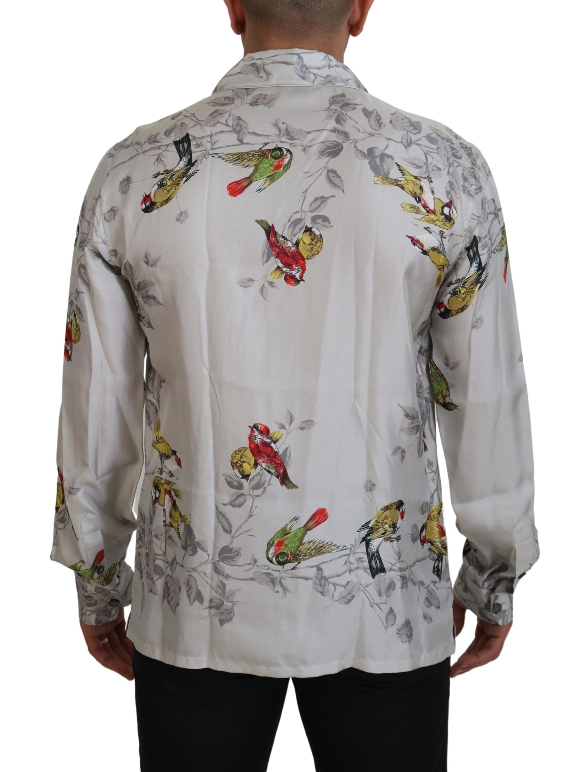 Dolce &amp; Gabbana White Bird Print Silk Satin Casual Shirt