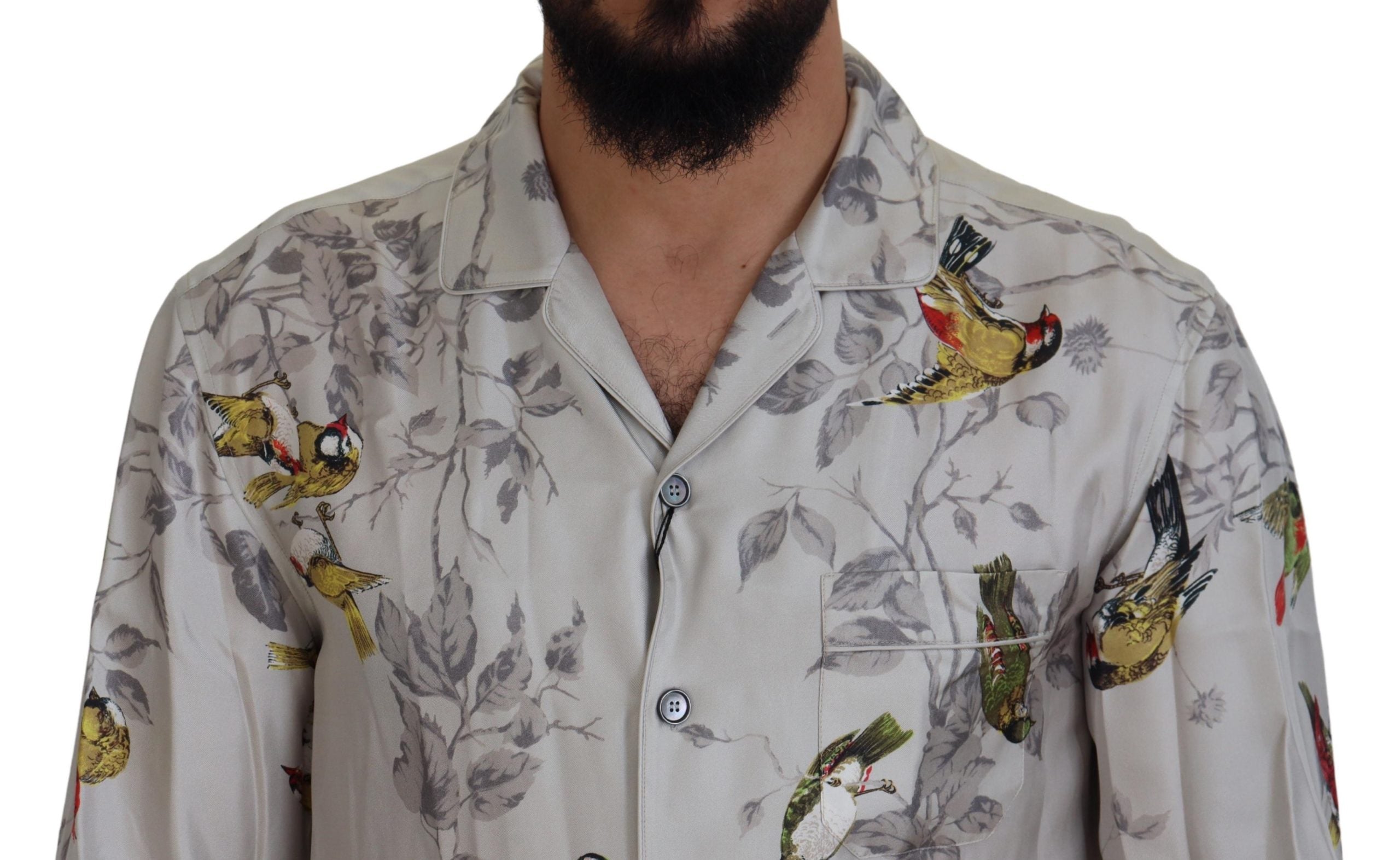 Dolce &amp; Gabbana White Bird Print Silk Satin Casual Shirt