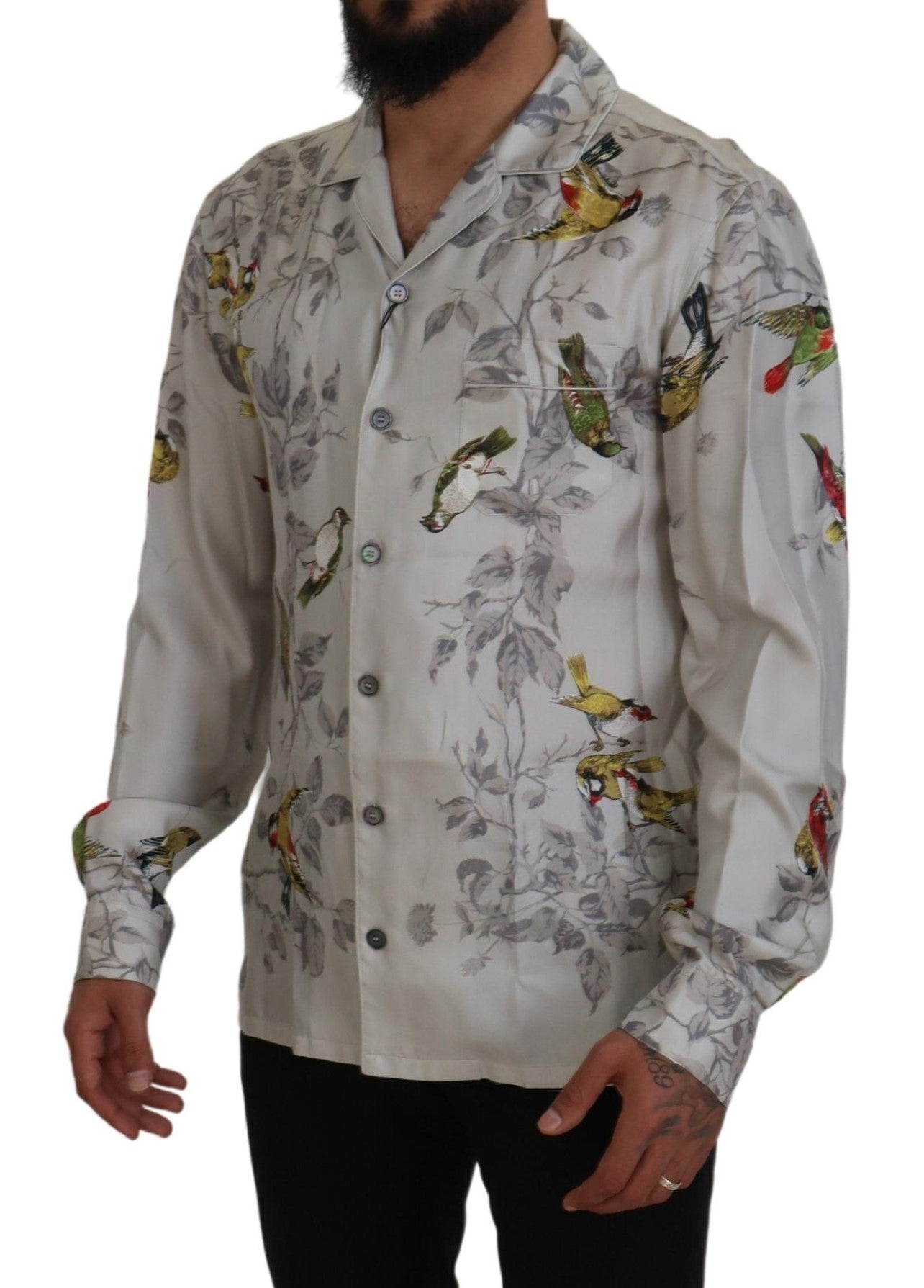 Dolce &amp; Gabbana White Bird Print Silk Satin Casual Shirt