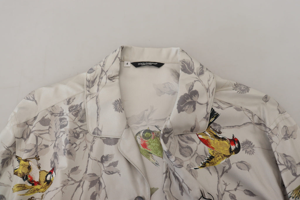 Dolce &amp; Gabbana White Bird Print Silk Satin Casual Shirt