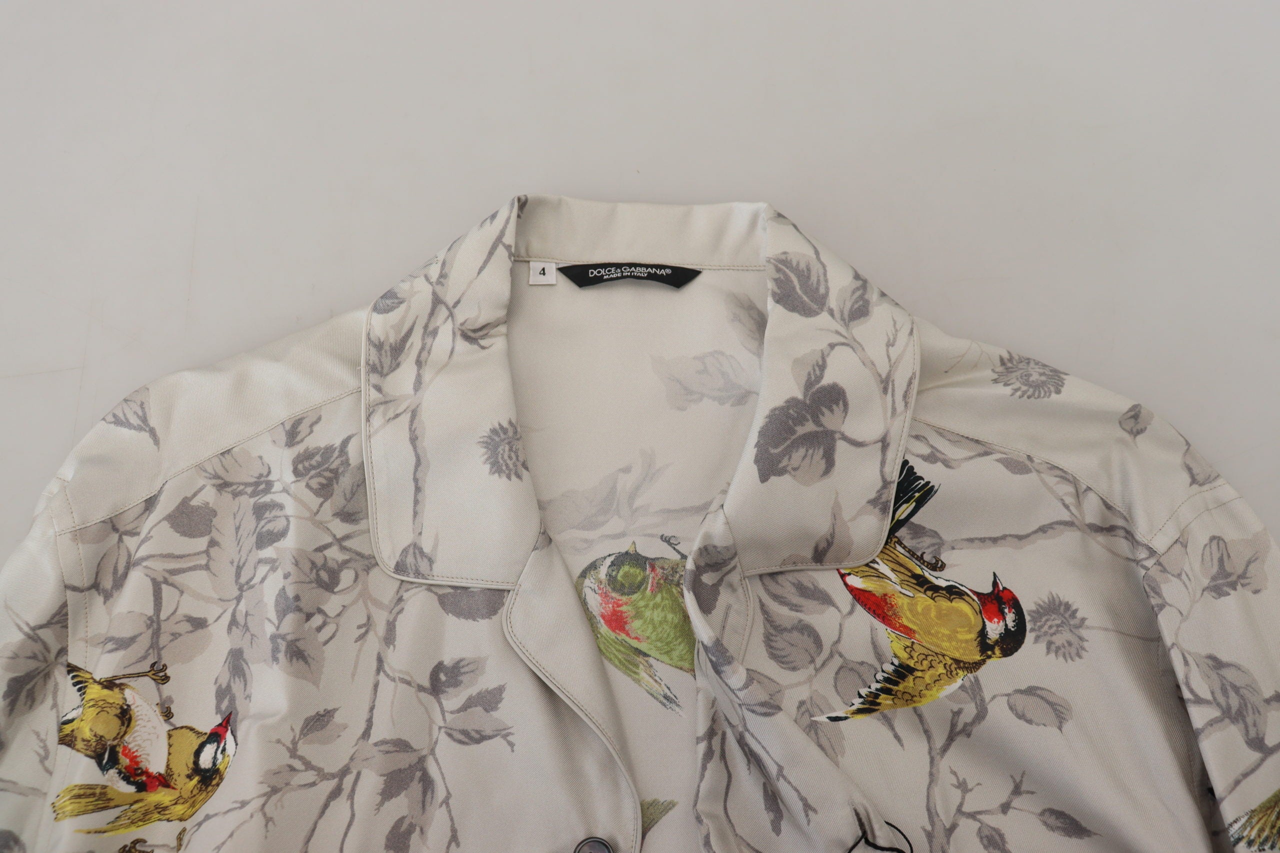 Dolce &amp; Gabbana White Bird Print Silk Satin Casual Shirt