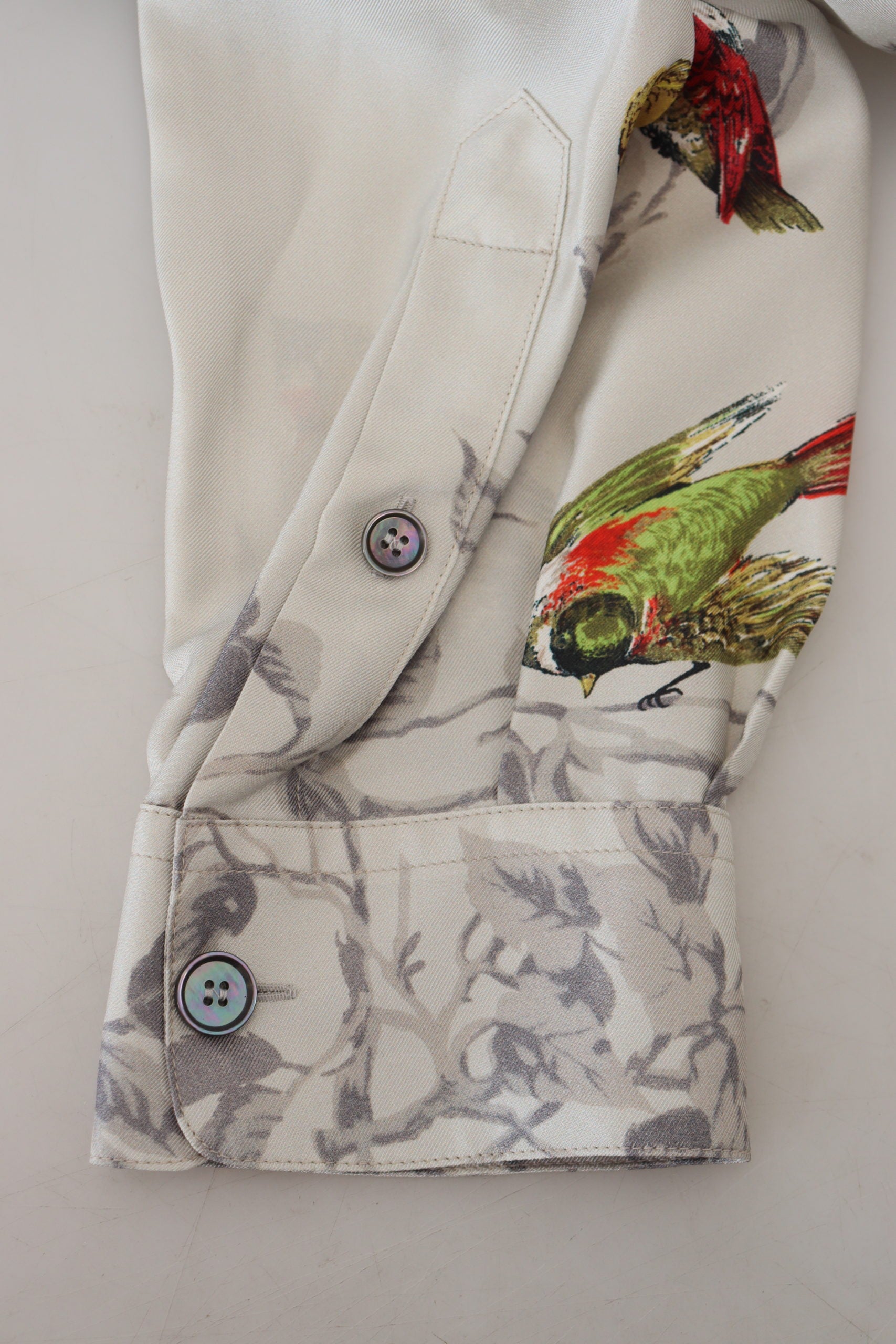 Dolce &amp; Gabbana White Bird Print Silk Satin Casual Shirt