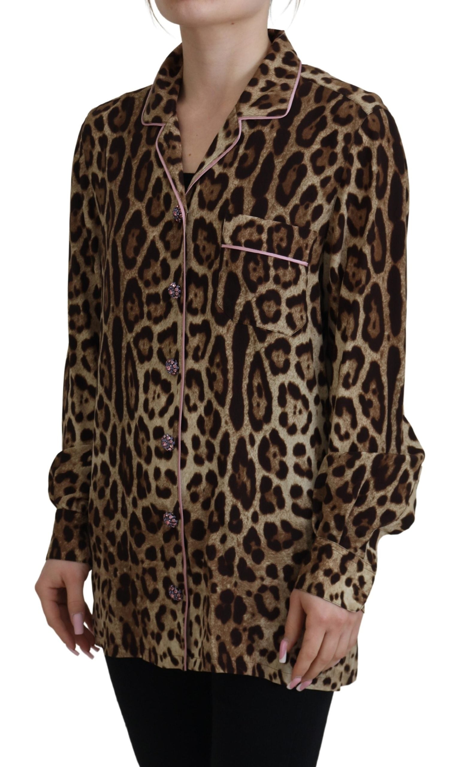 Dolce &amp; Gabbana Brown Leopard Print Long Sleeves Blouse Top