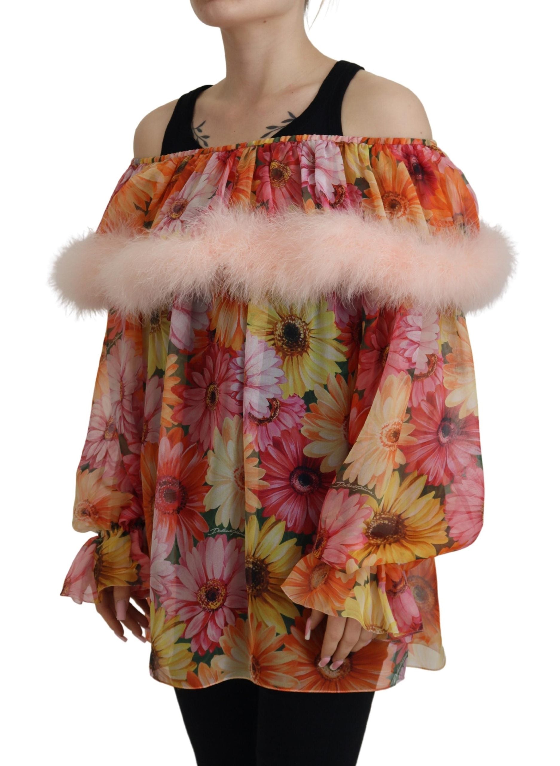 Dolce &amp; Gabbana Multicolor Floral Fur Shearling Blouse Top