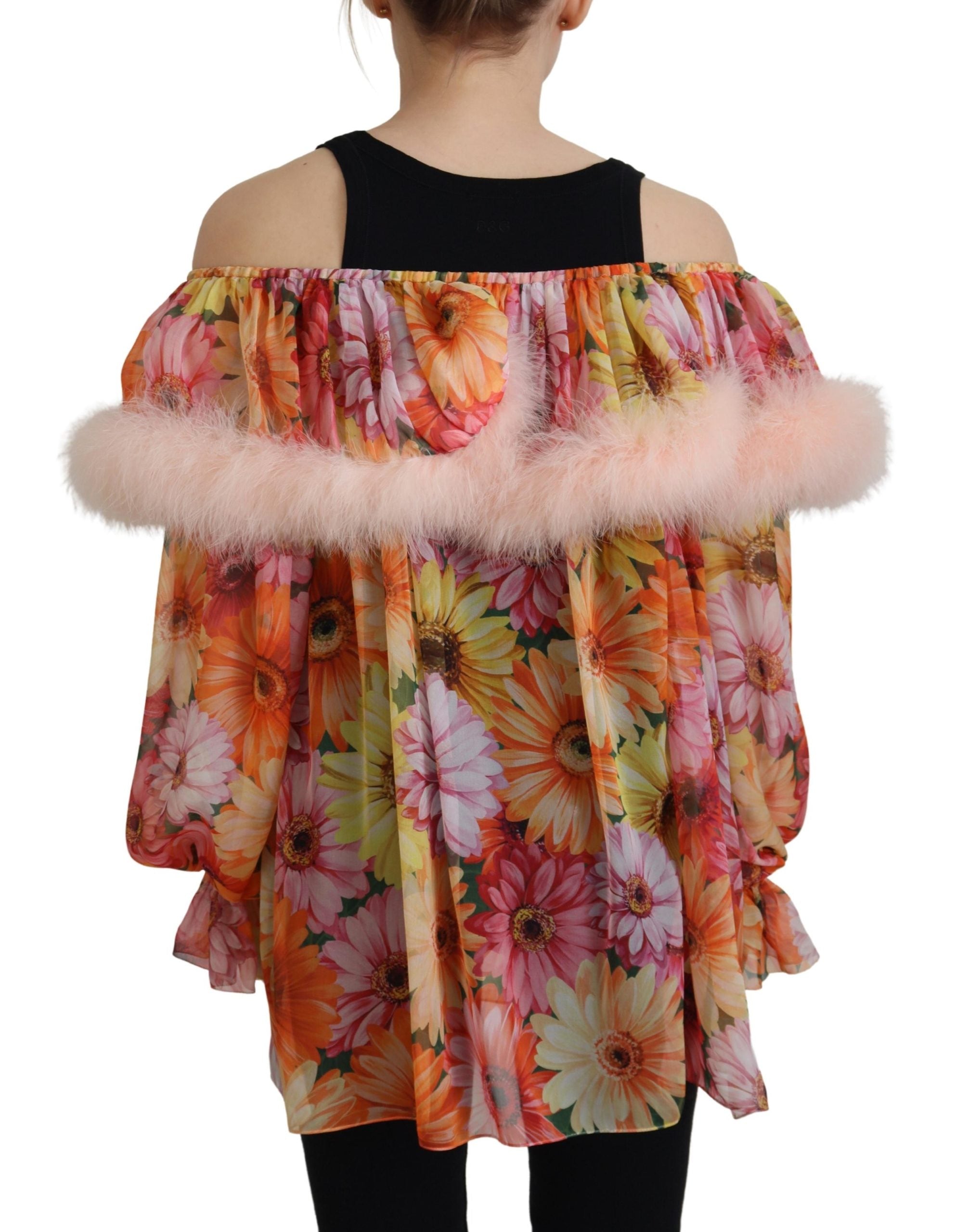 Dolce &amp; Gabbana Multicolor Floral Fur Shearling Blouse Top