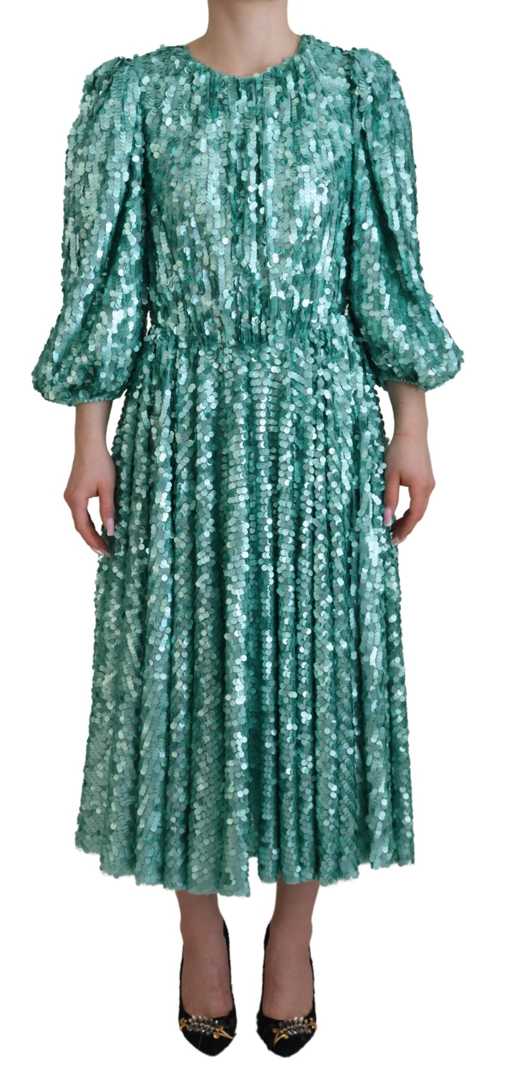 Dolce &amp; Gabbana Blue Sequined Pleated Aline Midi Nylon Dress