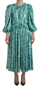 Dolce &amp; Gabbana Blue Sequined Pleated Aline Midi Nylon Dress