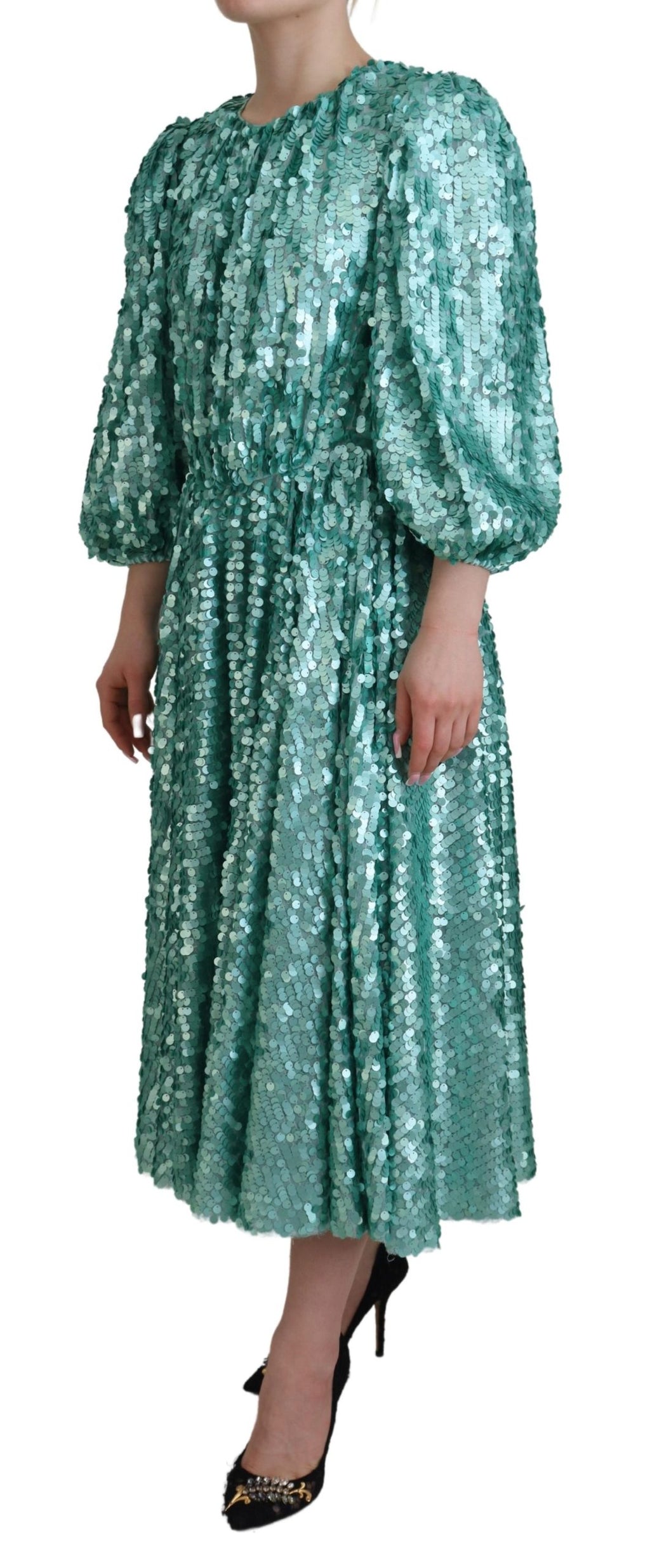 Dolce &amp; Gabbana Blue Sequined Pleated Aline Midi Nylon Dress