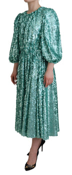 Dolce &amp; Gabbana Blue Sequined Pleated Aline Midi Nylon Dress