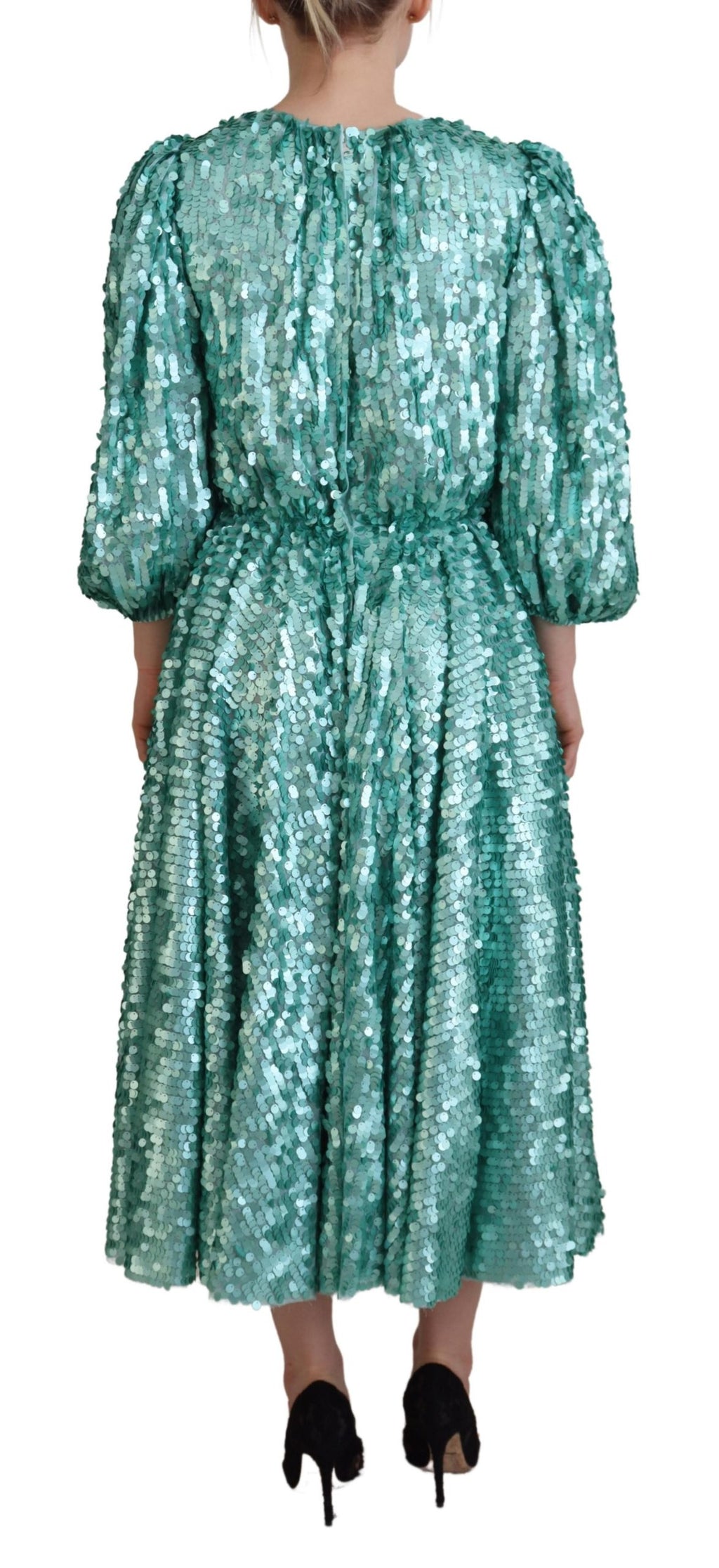 Dolce &amp; Gabbana Blue Sequined Pleated Aline Midi Nylon Dress
