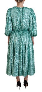 Dolce &amp; Gabbana Blue Sequined Pleated Aline Midi Nylon Dress