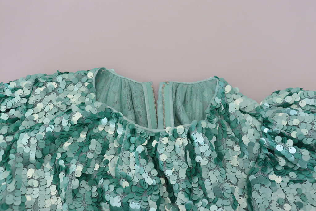 Dolce &amp; Gabbana Blue Sequined Pleated Aline Midi Nylon Dress