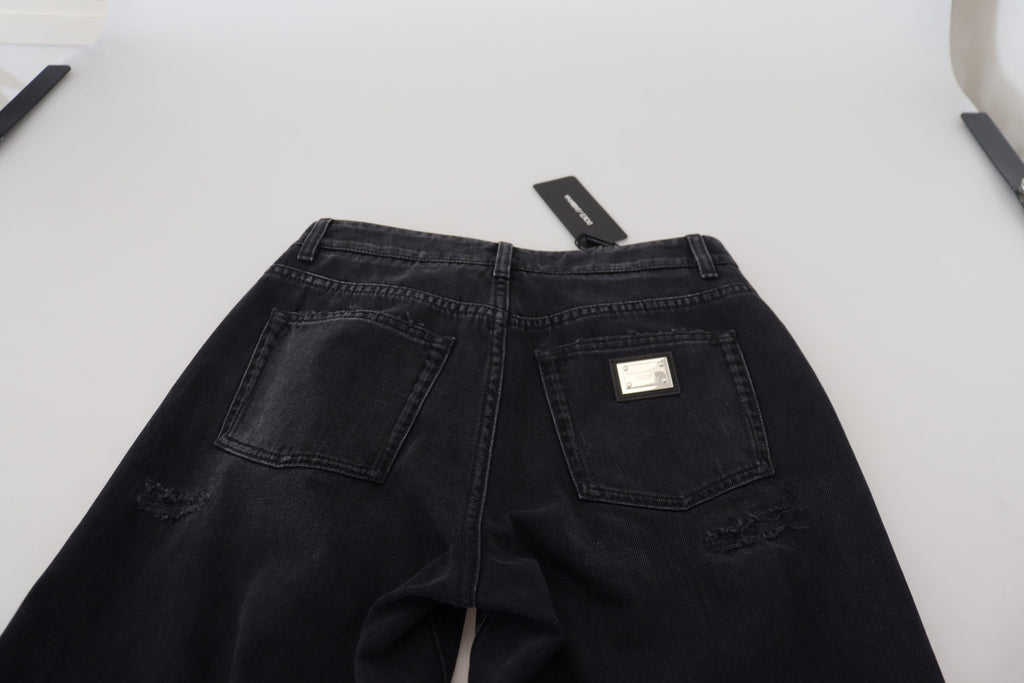 Dolce &amp; Gabbana Black Cotton Tattered High Waist Denim Jeans