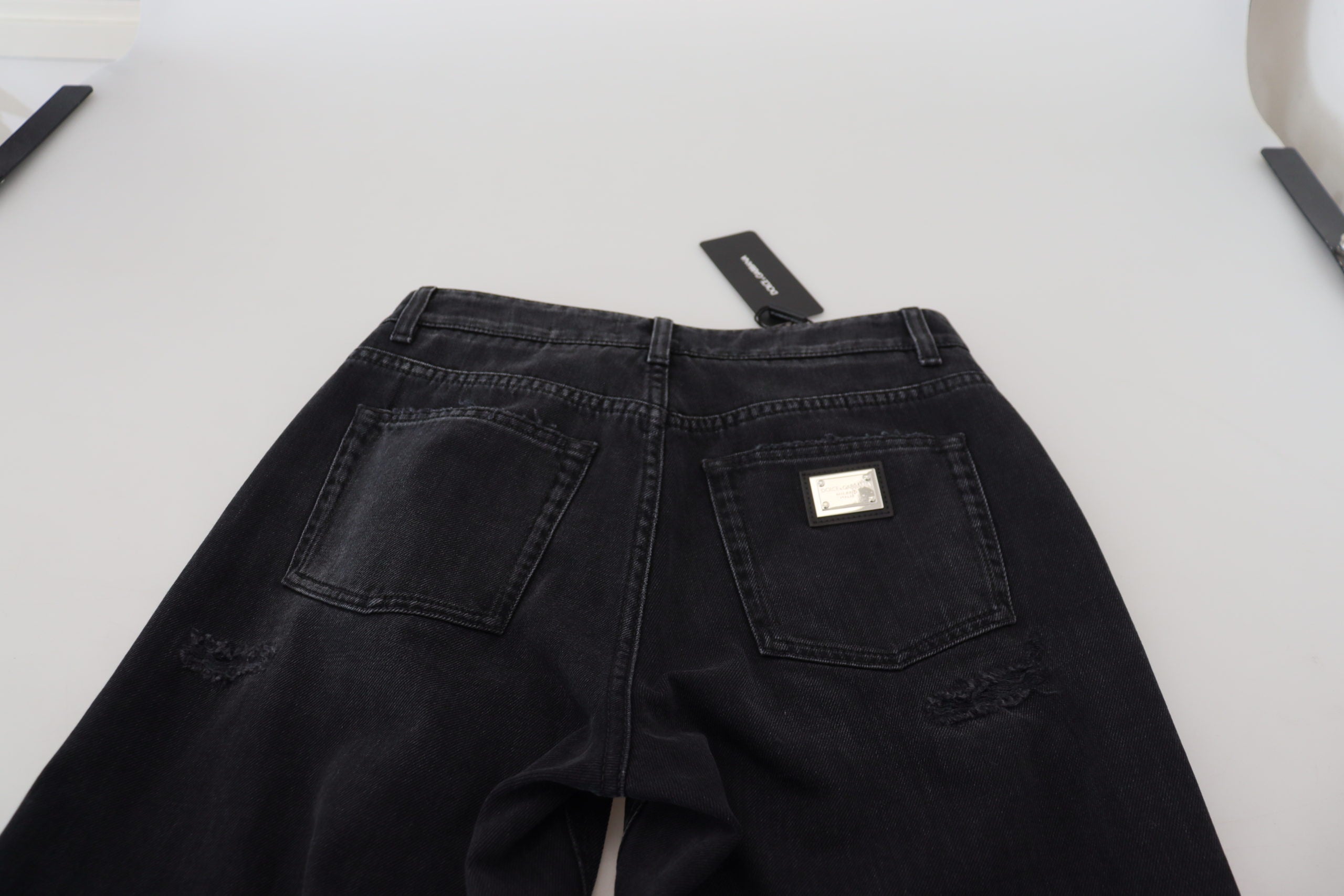 Dolce &amp; Gabbana Black Cotton Tattered High Waist Denim Jeans