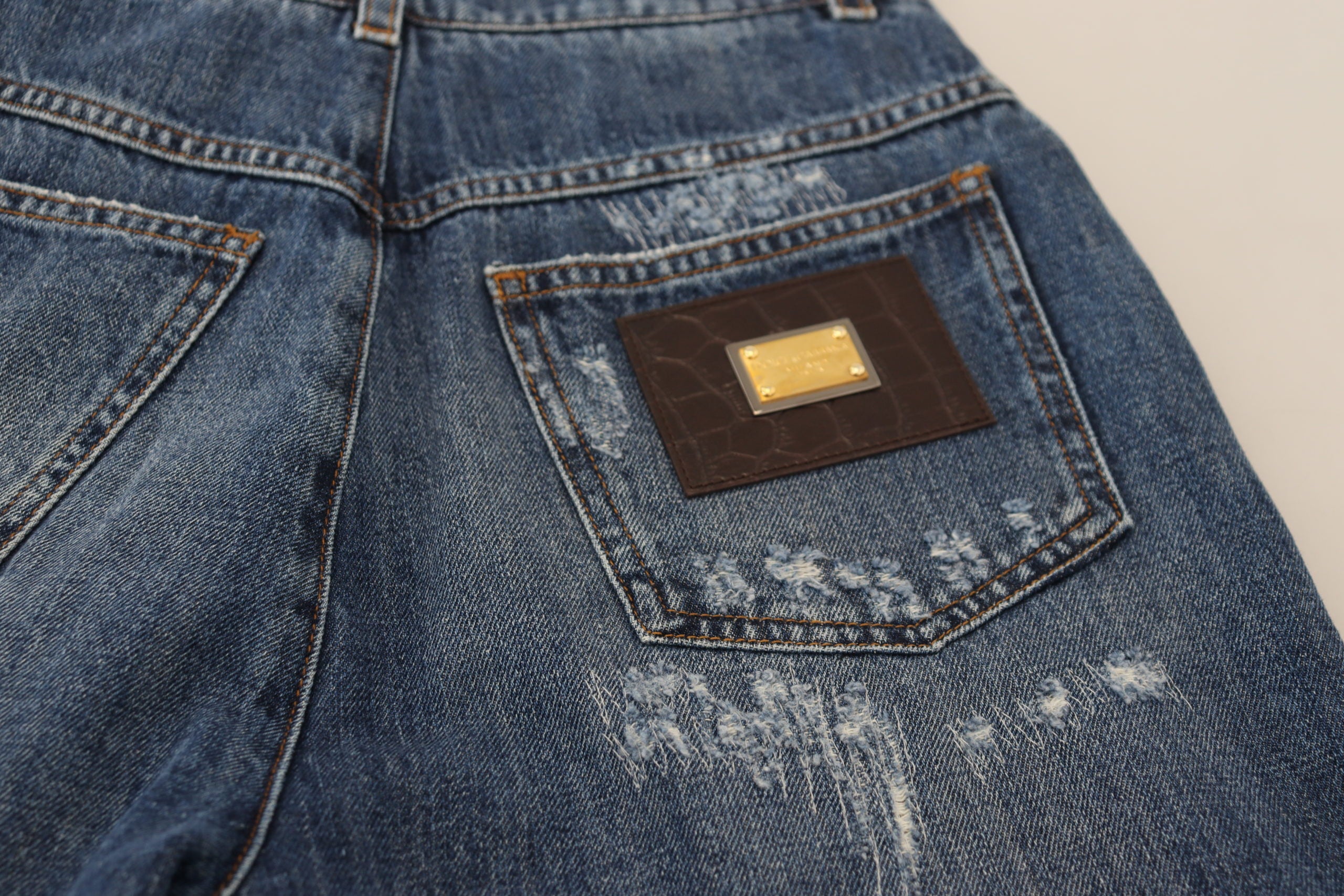 Dolce &amp; Gabbana Blue Washed Cotton Tattered Denim Jeans