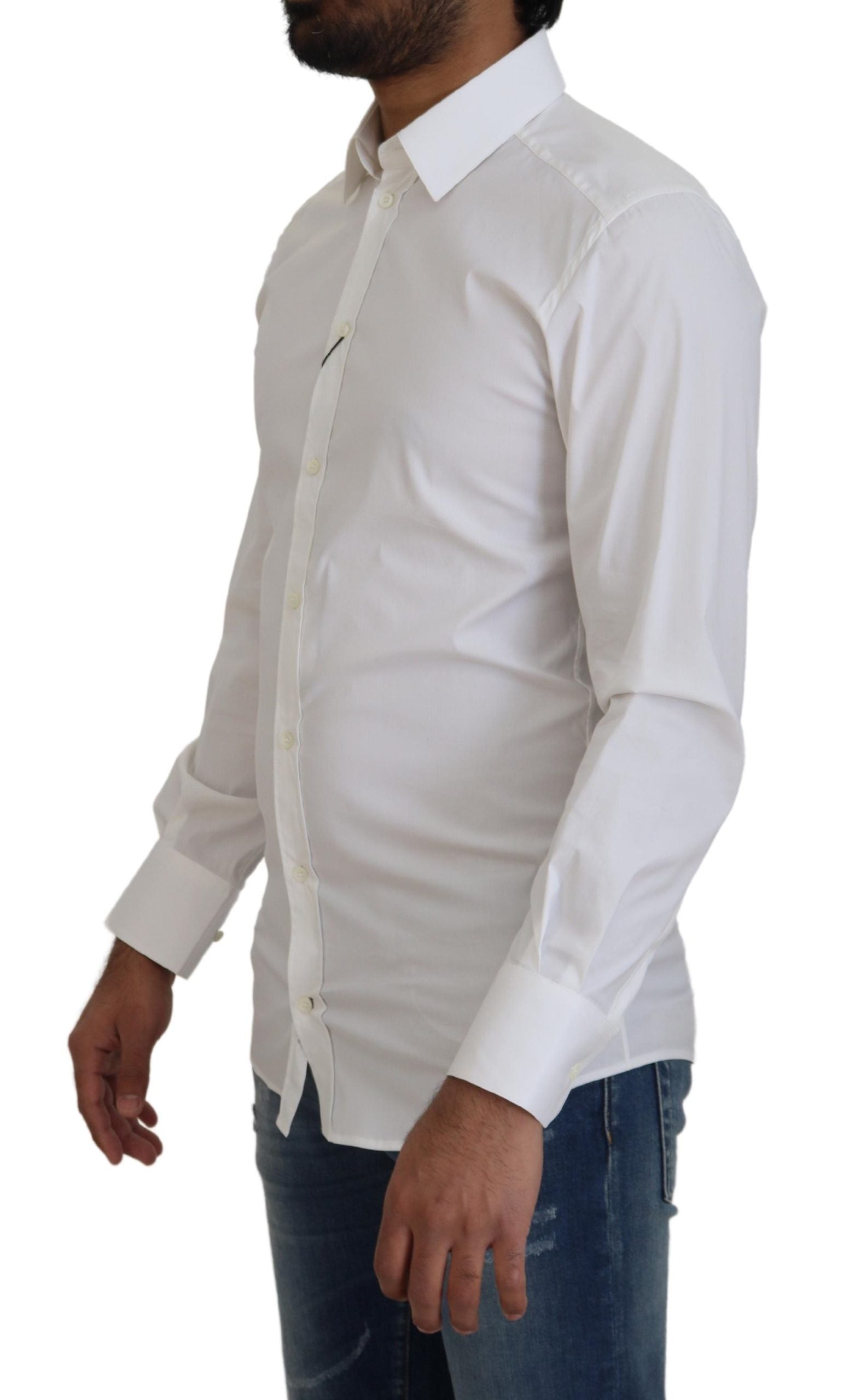 Dolce &amp; Gabbana White Cotton Slim Fit Formal Dress GOLD Shirt
