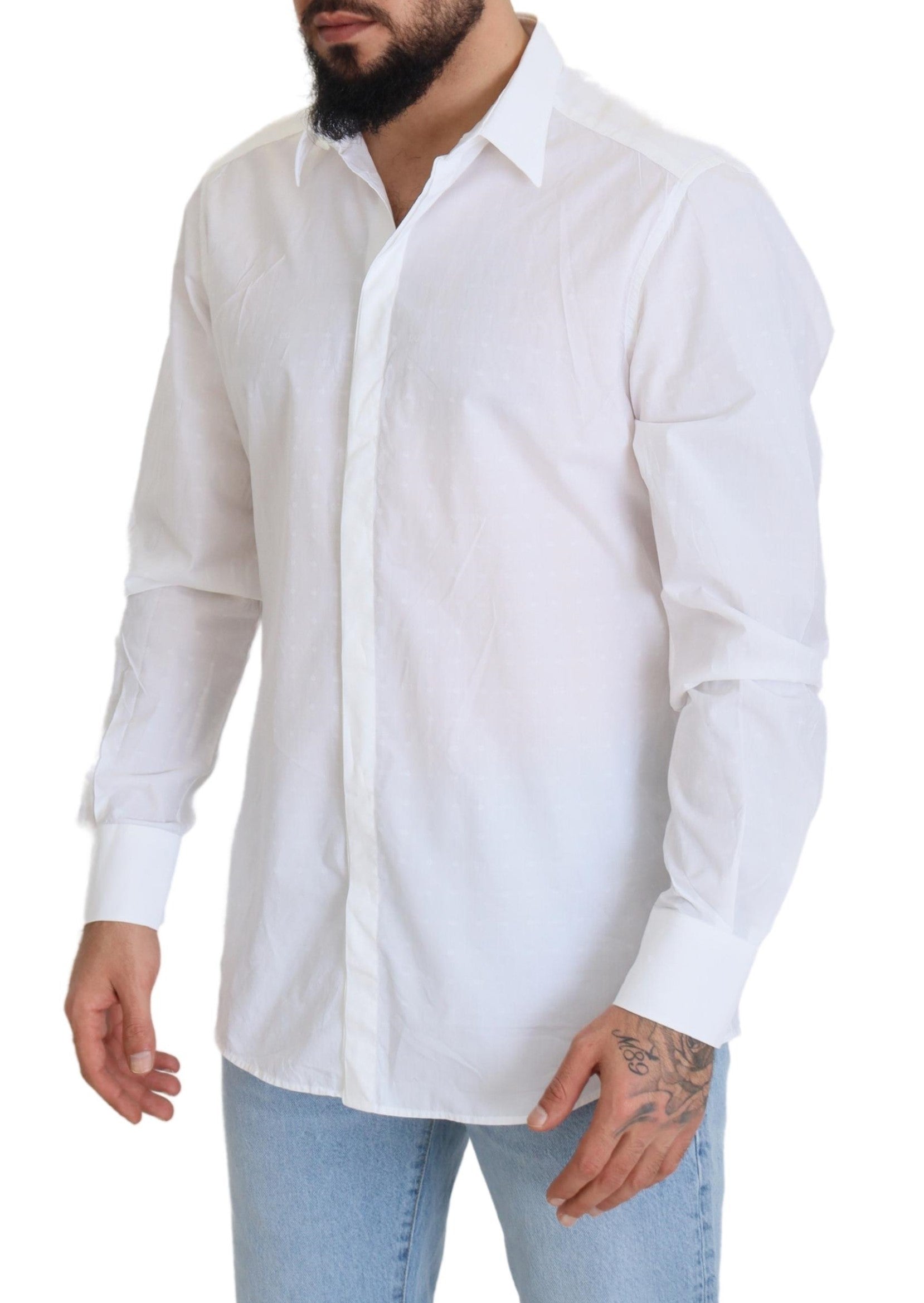 Dolce &amp; Gabbana White Cotton Slim Fit Formal Dress GOLD Shirt