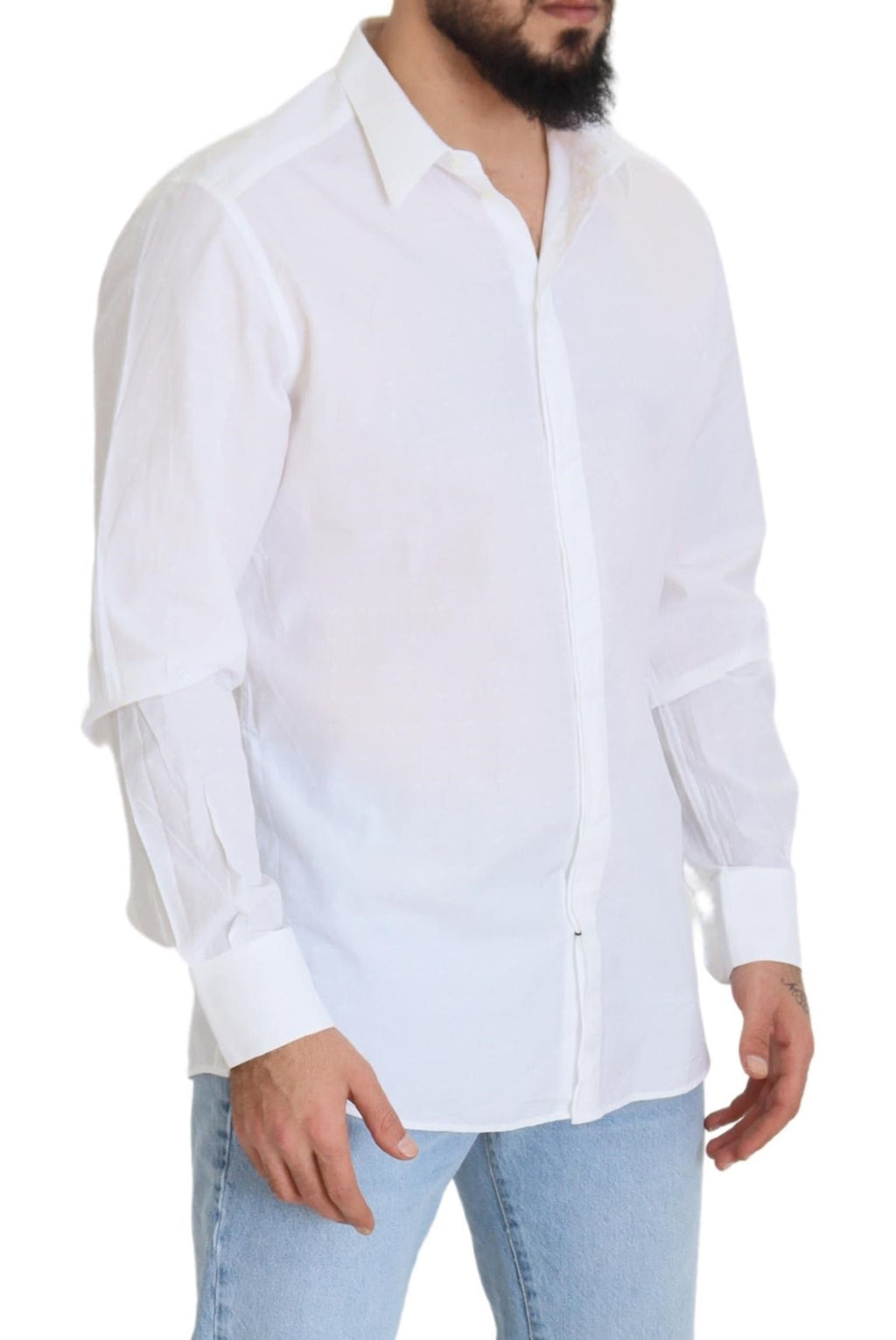 Dolce &amp; Gabbana White Cotton Slim Fit Formal Dress GOLD Shirt