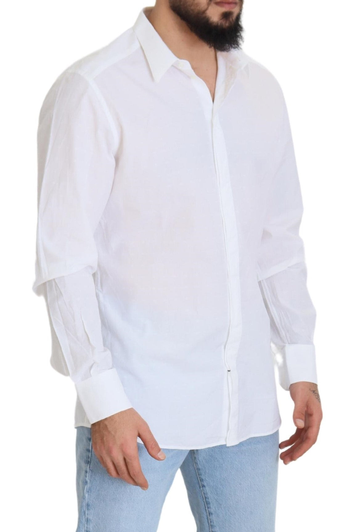 Dolce &amp; Gabbana White Cotton Slim Fit Formal Dress GOLD Shirt
