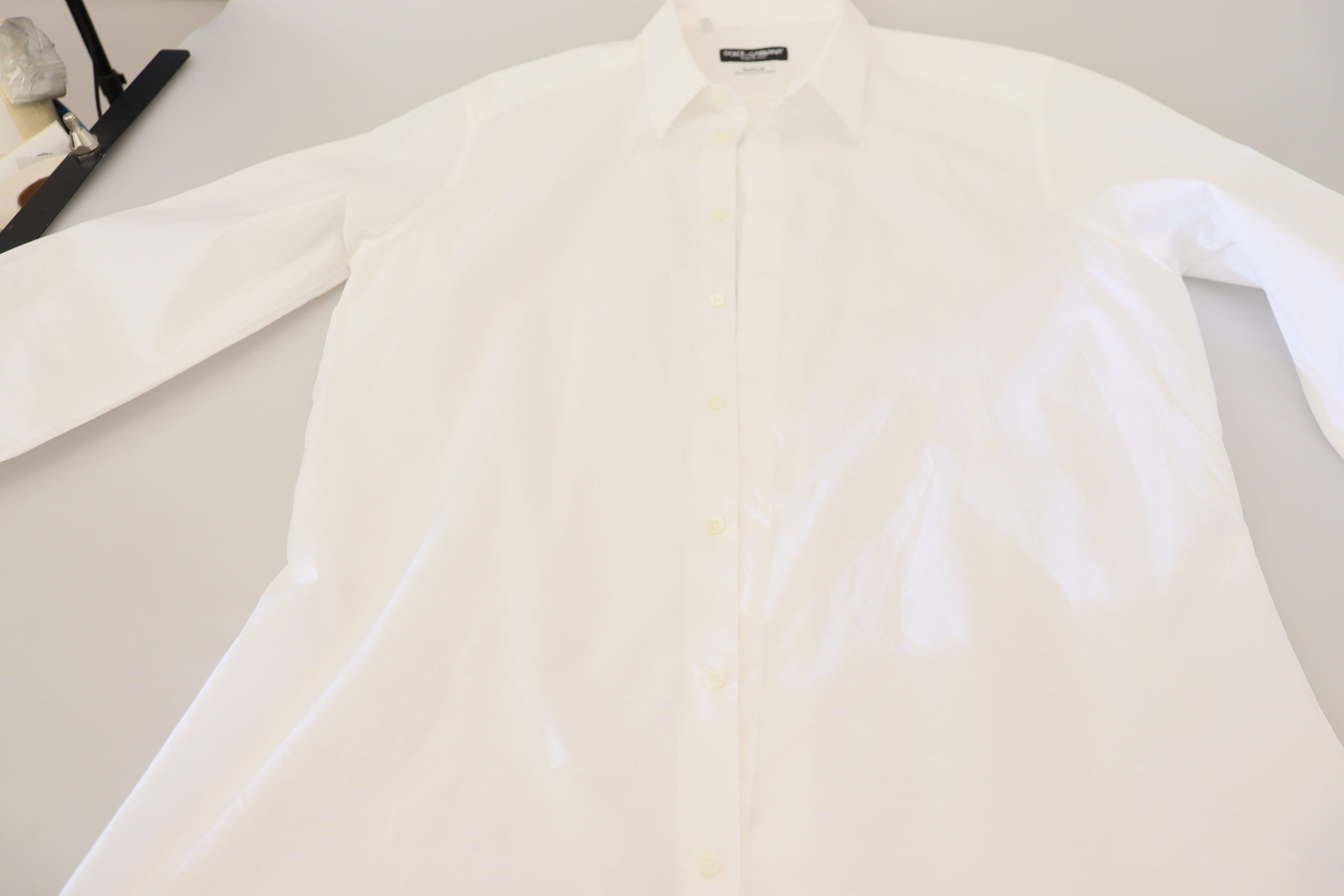 Dolce &amp; Gabbana White Cotton Slim Fit Formal Dress GOLD Shirt