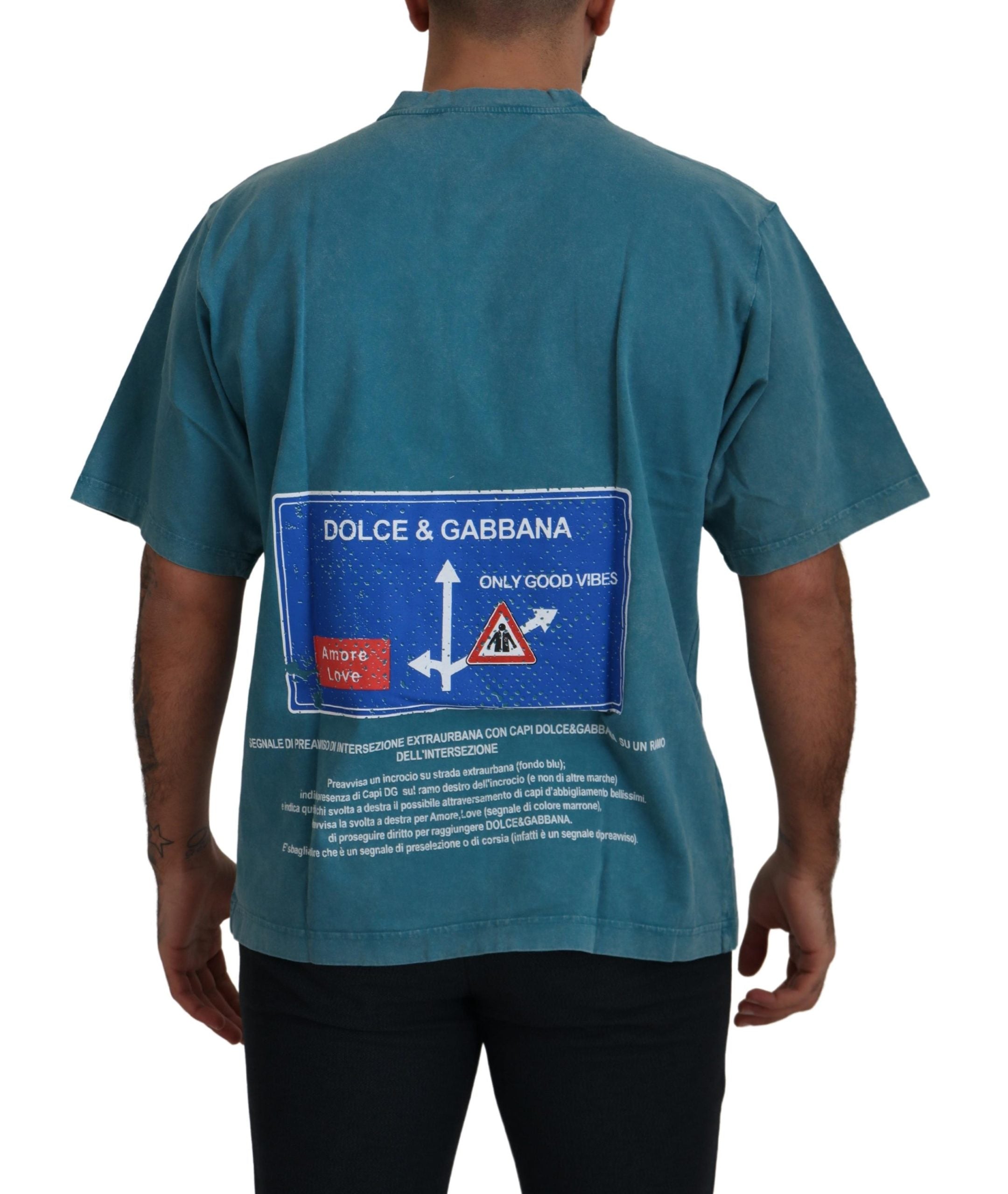Dolce &amp; Gabbana Blue Logo Print Crewneck Cotton T-shirt