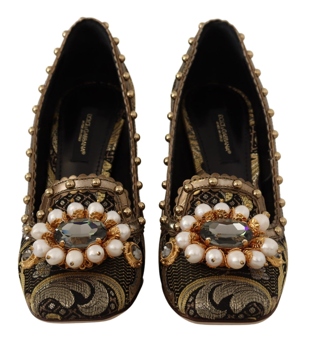Dolce &amp; Gabbana Gold Crystal Square Toe Brocade Pumps Shoes