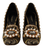 Dolce &amp; Gabbana Gold Crystal Square Toe Brocade Pumps Shoes