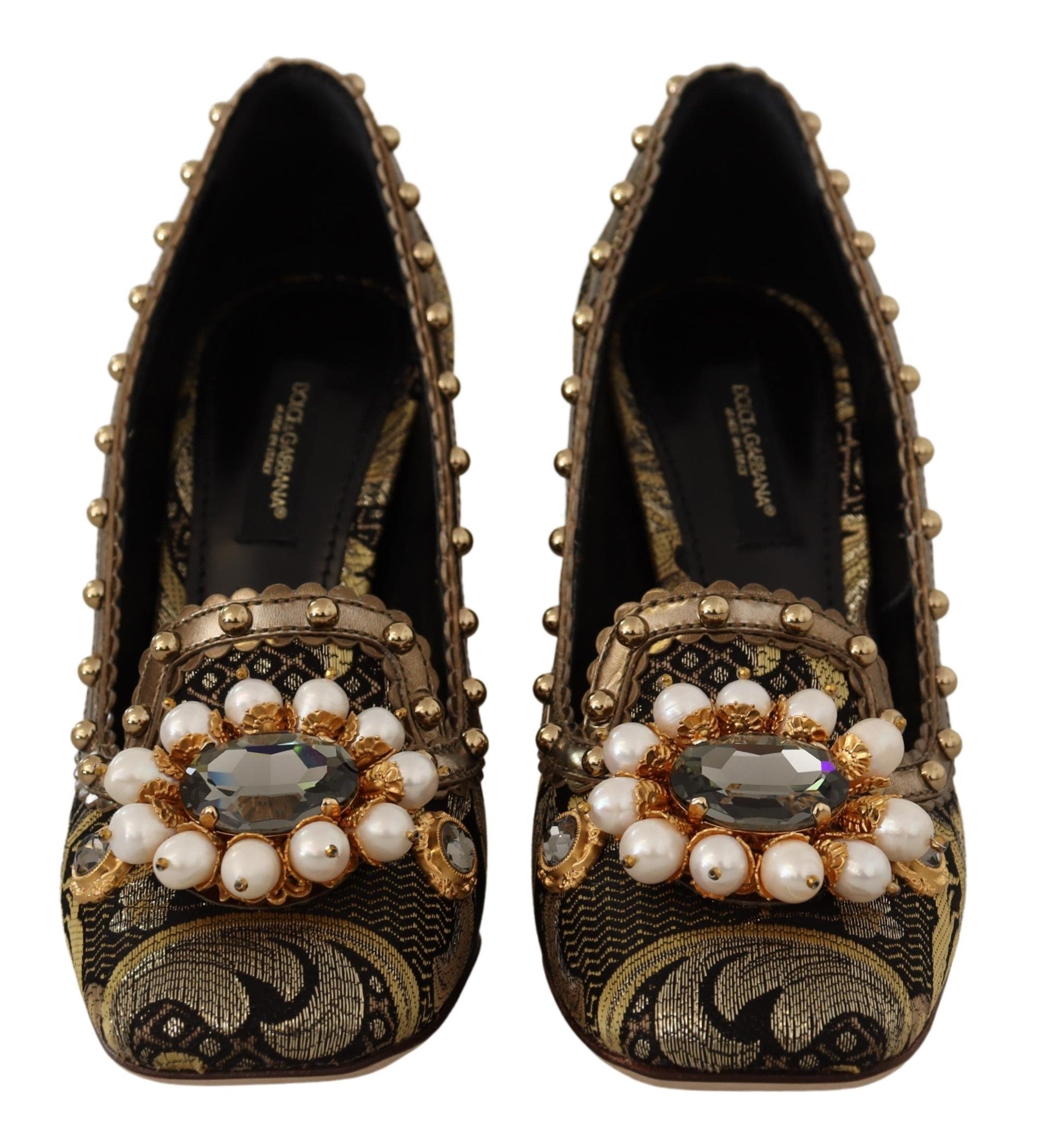 Dolce &amp; Gabbana Gold Crystal Square Toe Brocade Pumps Shoes