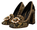 Dolce &amp; Gabbana Gold Crystal Square Toe Brocade Pumps Shoes