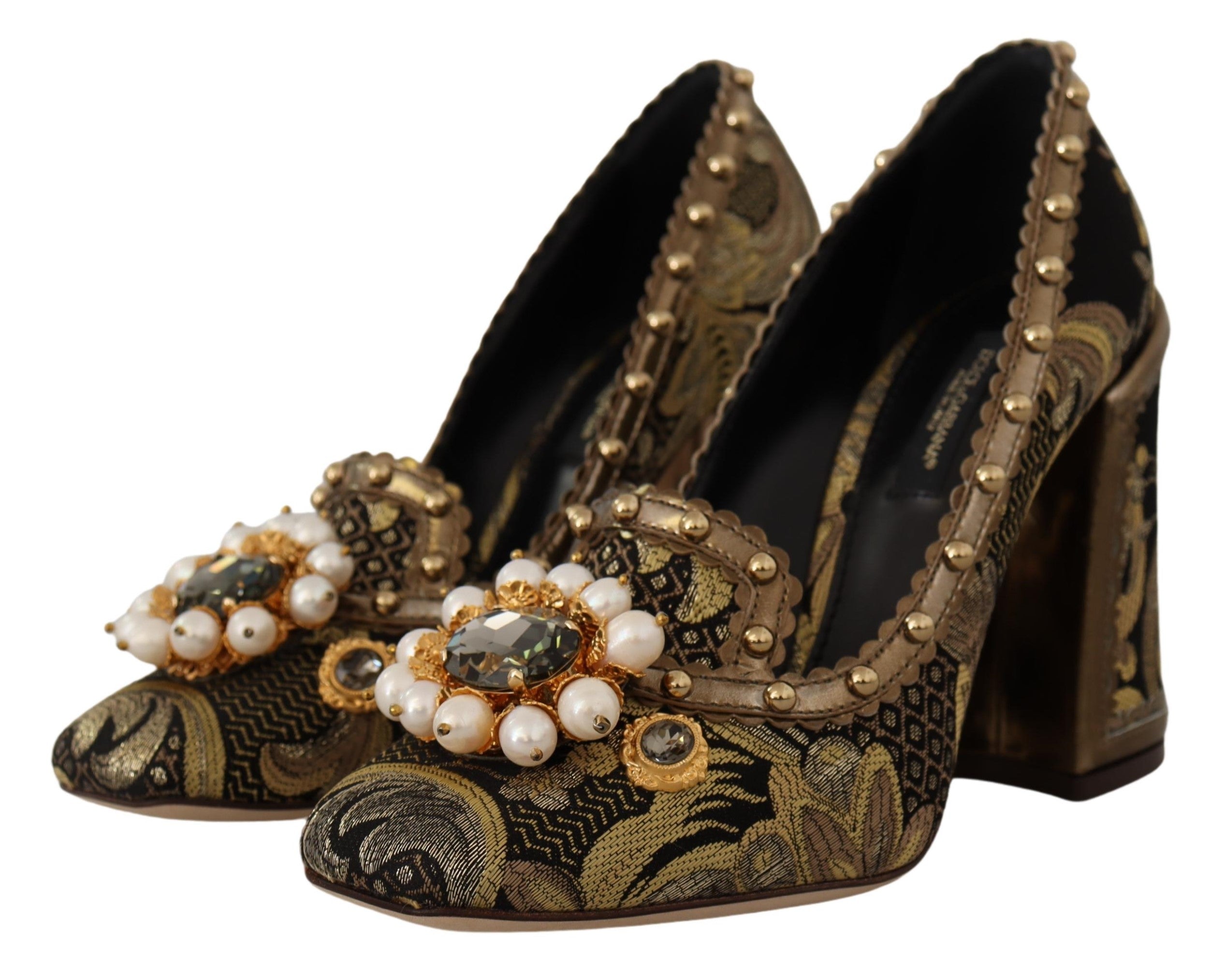 Dolce &amp; Gabbana Gold Crystal Square Toe Brocade Pumps Shoes