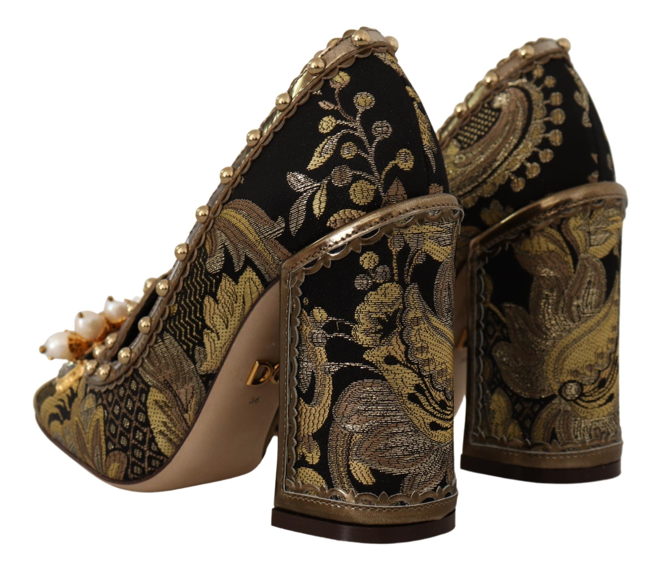 Dolce &amp; Gabbana Gold Crystal Square Toe Brocade Pumps Shoes