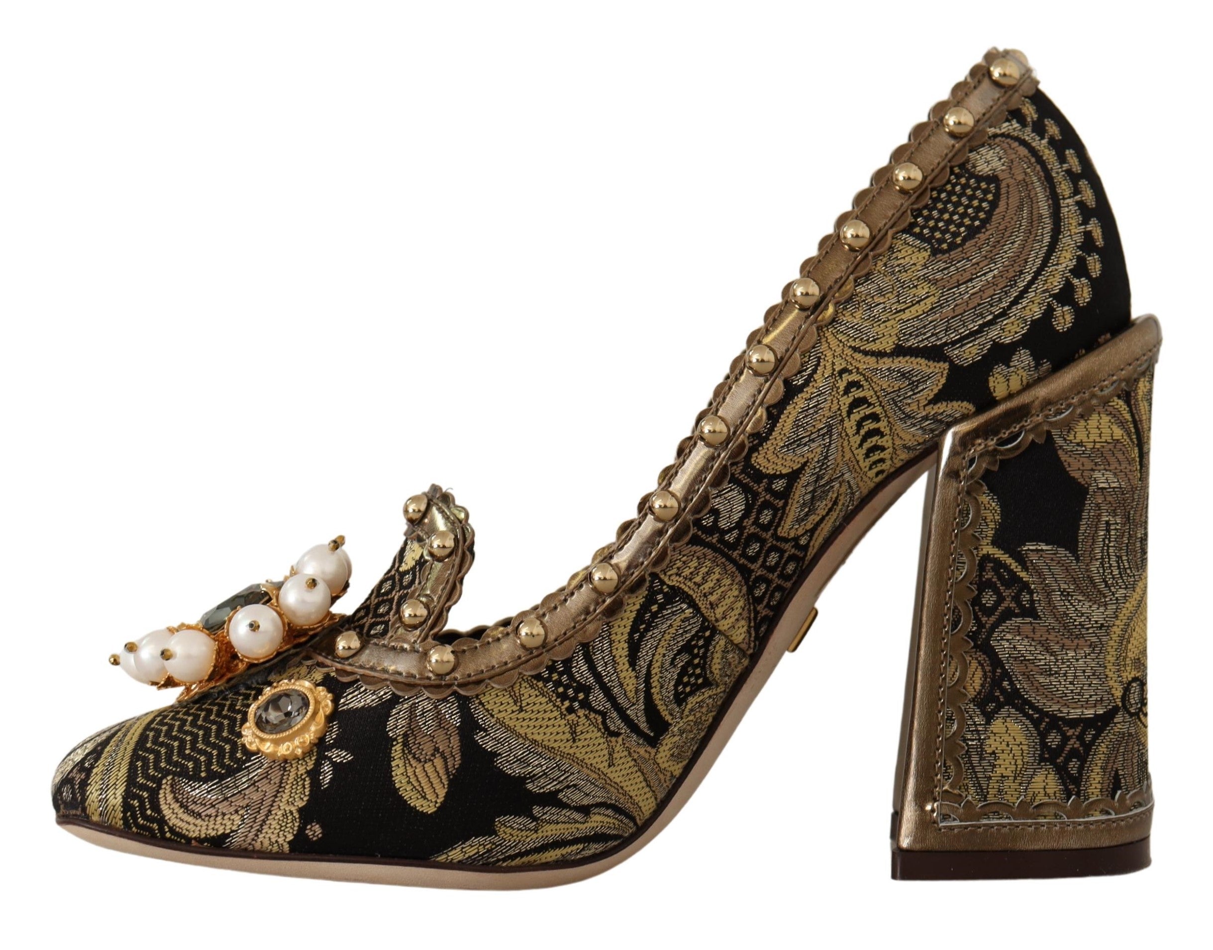 Dolce &amp; Gabbana Gold Crystal Square Toe Brocade Pumps Shoes