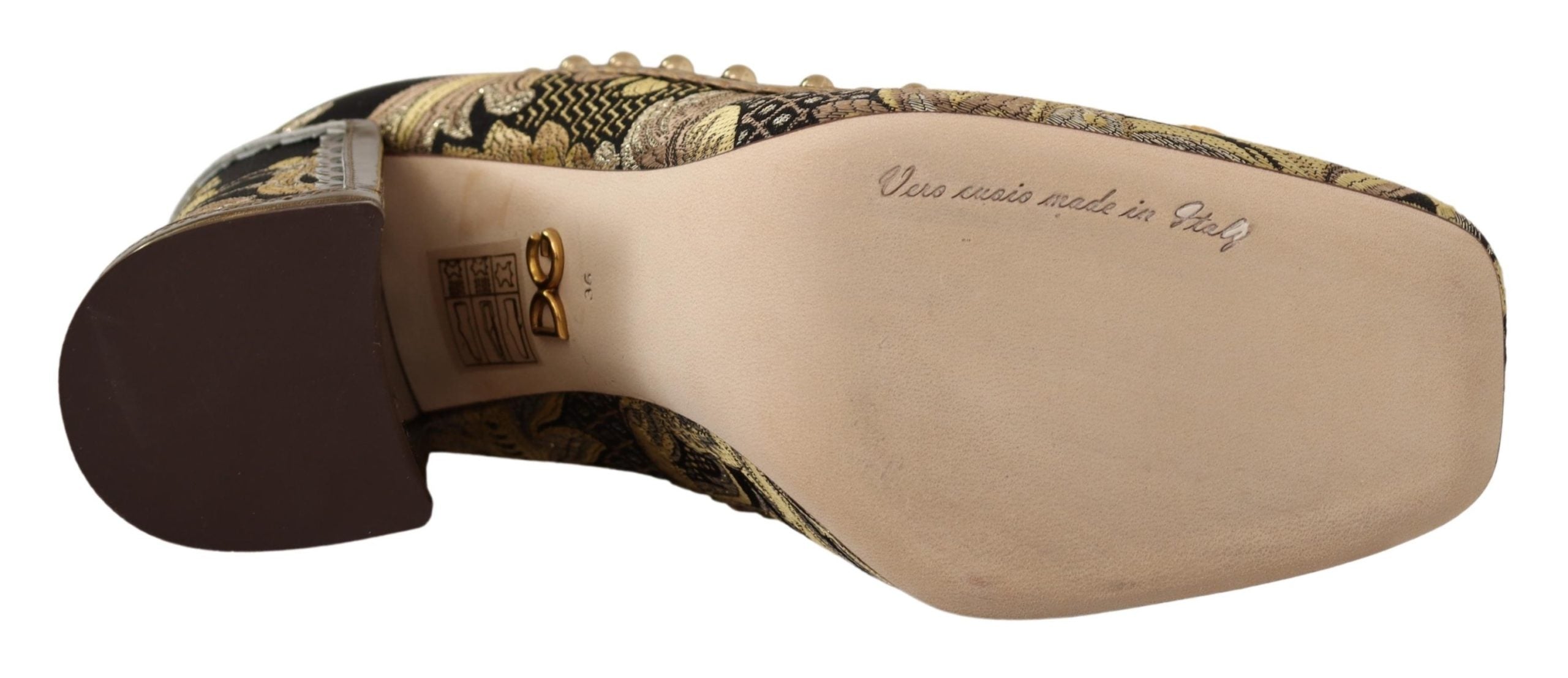 Dolce &amp; Gabbana Gold Crystal Square Toe Brocade Pumps Shoes