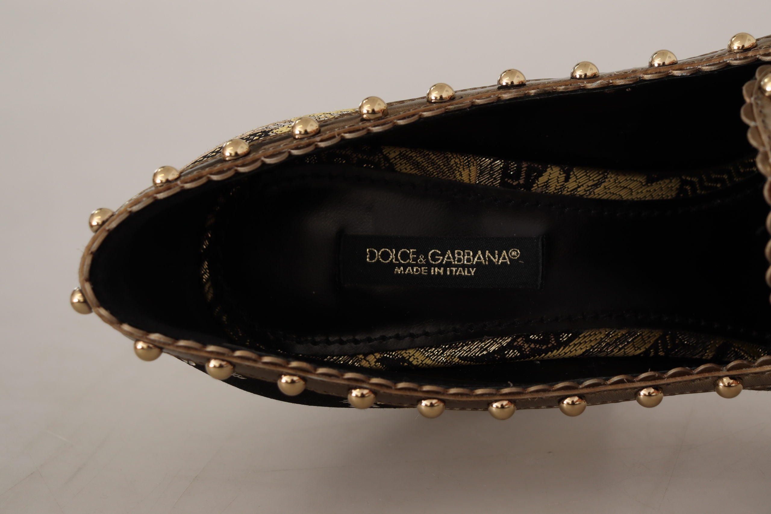 Dolce &amp; Gabbana Gold Crystal Square Toe Brocade Pumps Shoes