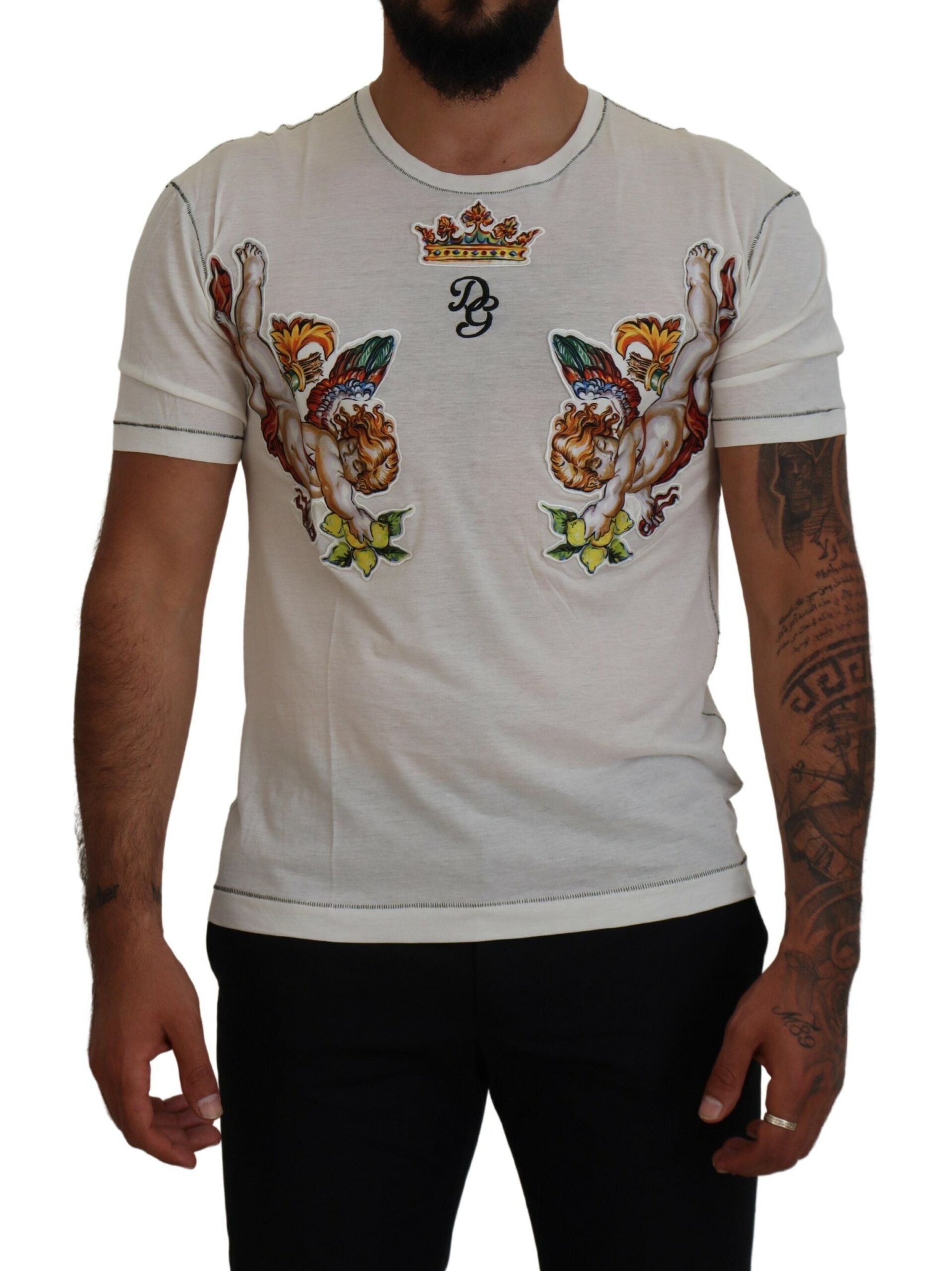 Dolce &amp; Gabbana White Printed Short Sleeves Men T-shirt