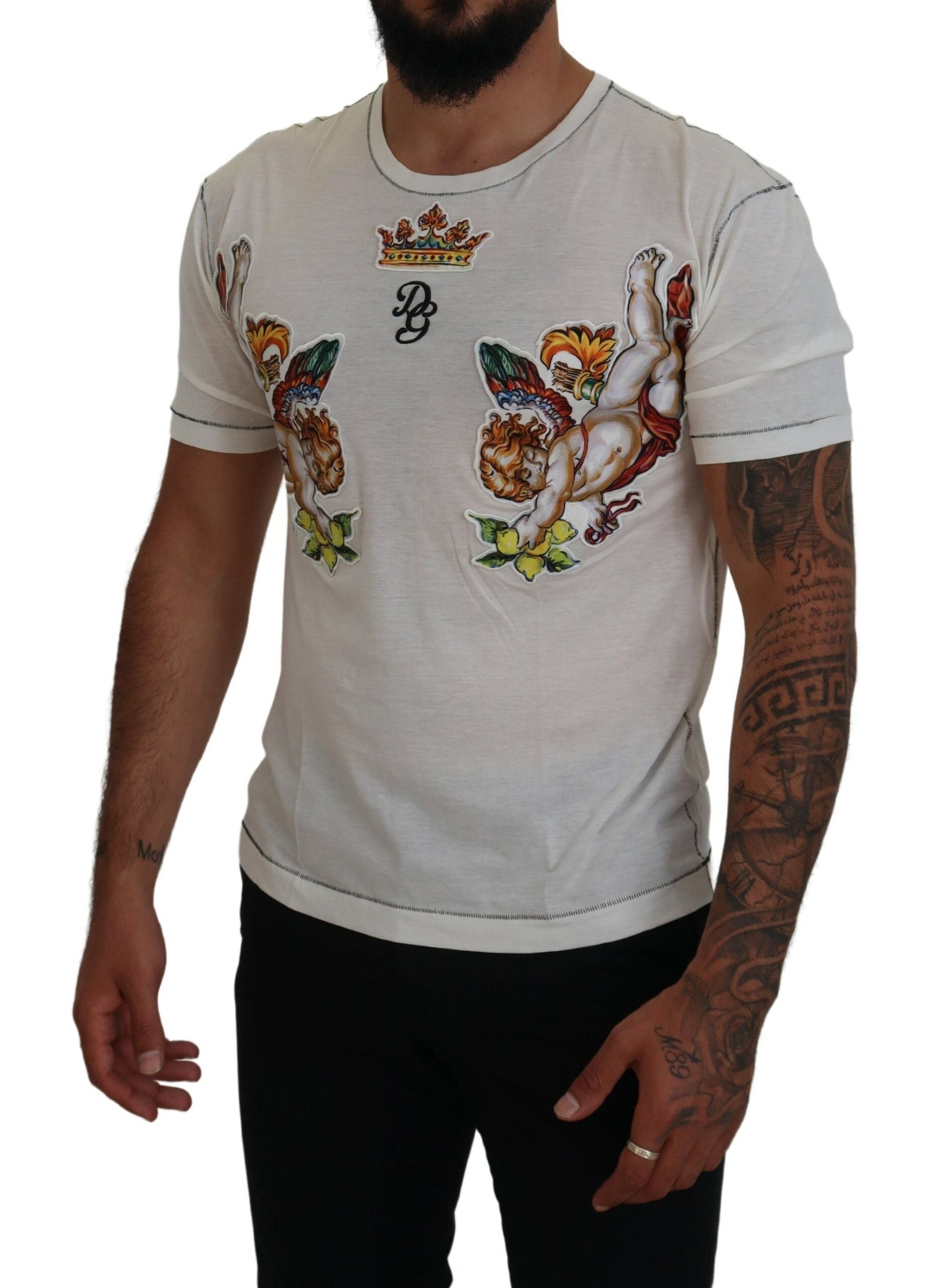 Dolce &amp; Gabbana White Printed Short Sleeves Men T-shirt
