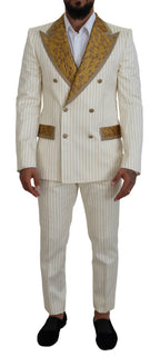 Dolce &amp; Gabbana Off White Gold Striped Tuxedo Slim Fit Suit
