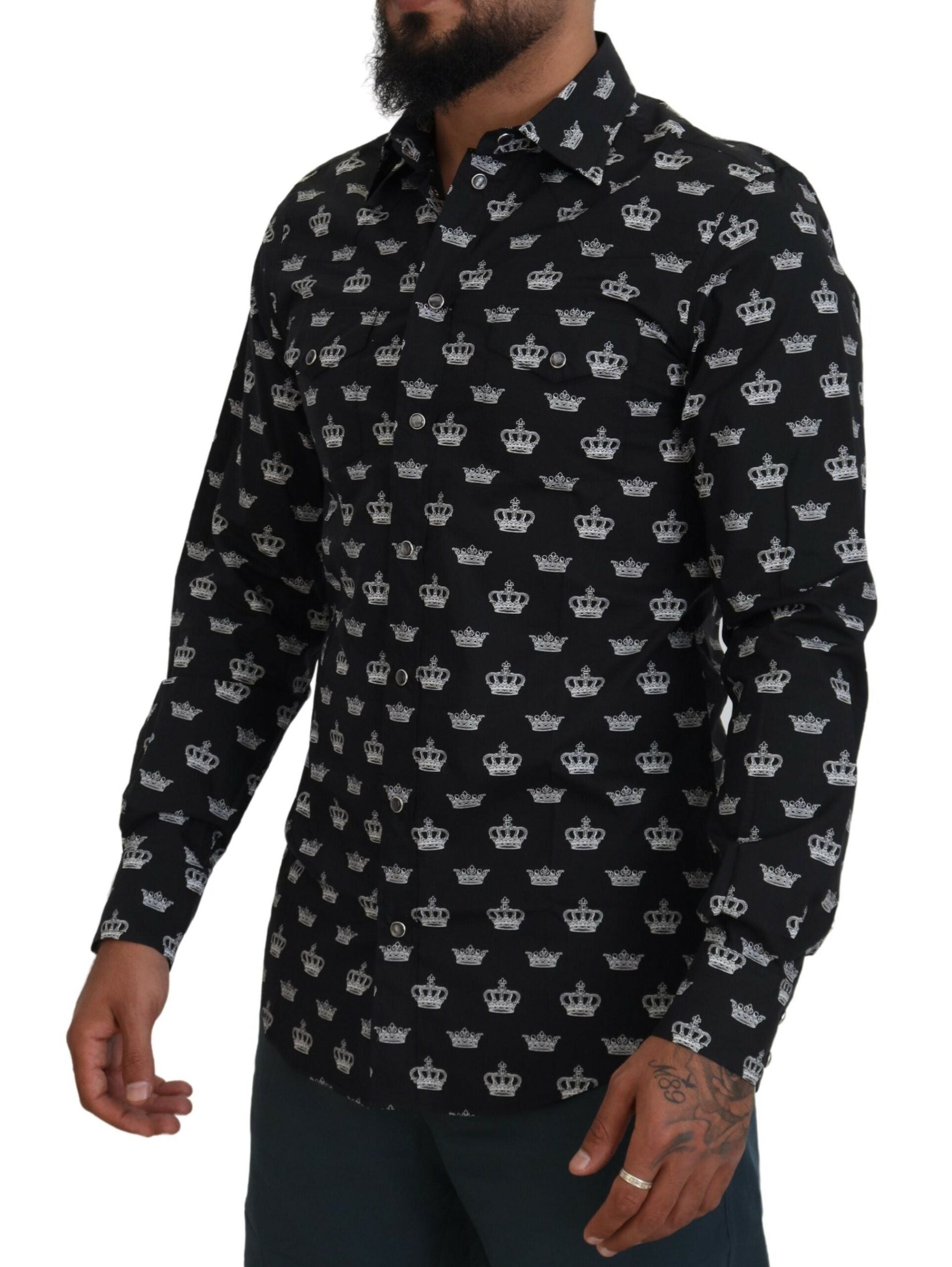 Dolce &amp; Gabbana Black Crown Print GOLD Slim Shirt