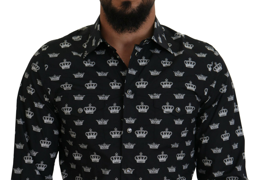 Dolce &amp; Gabbana Black Crown Print GOLD Slim Shirt