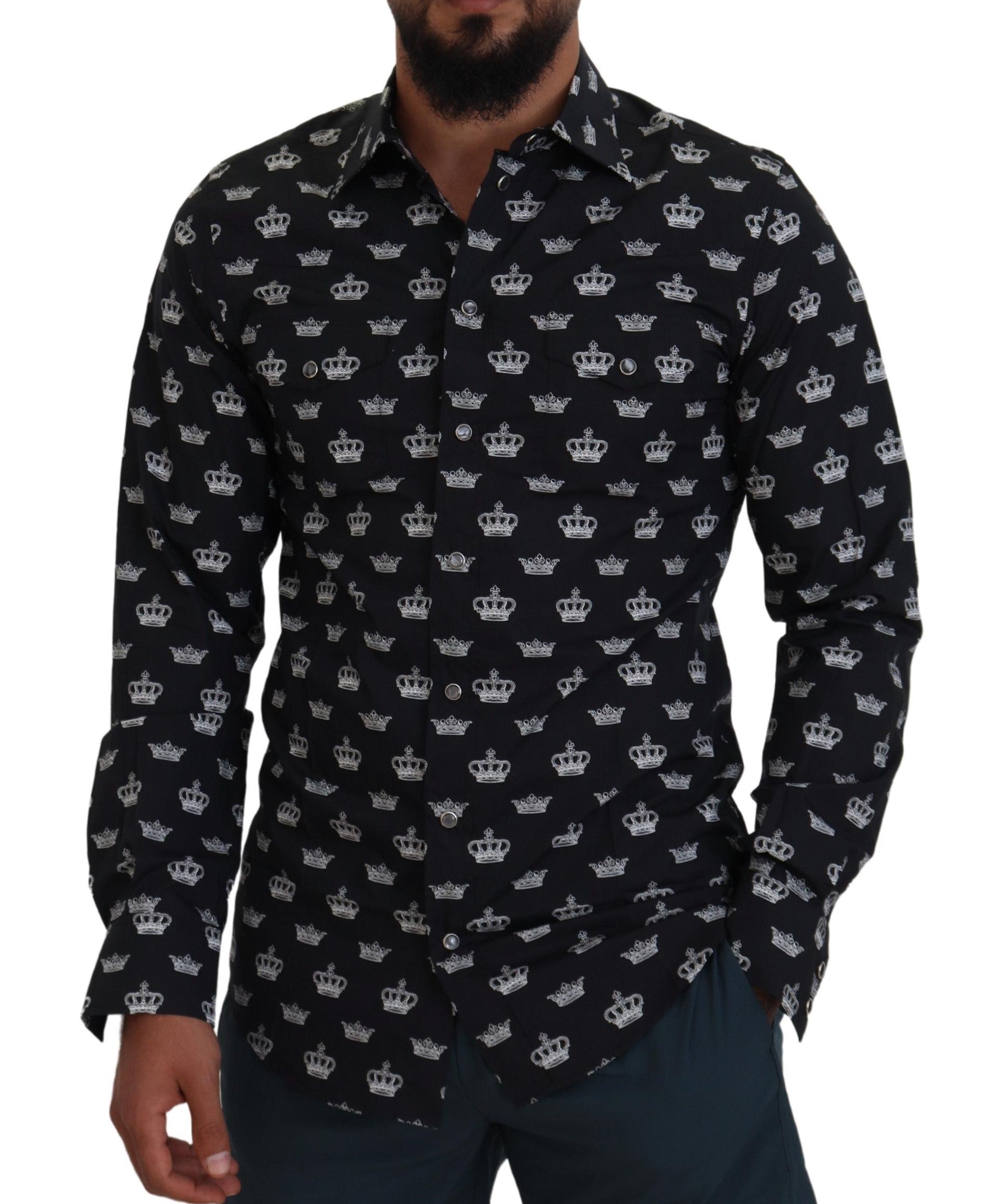 Dolce &amp; Gabbana Black Crown Print GOLD Slim Shirt