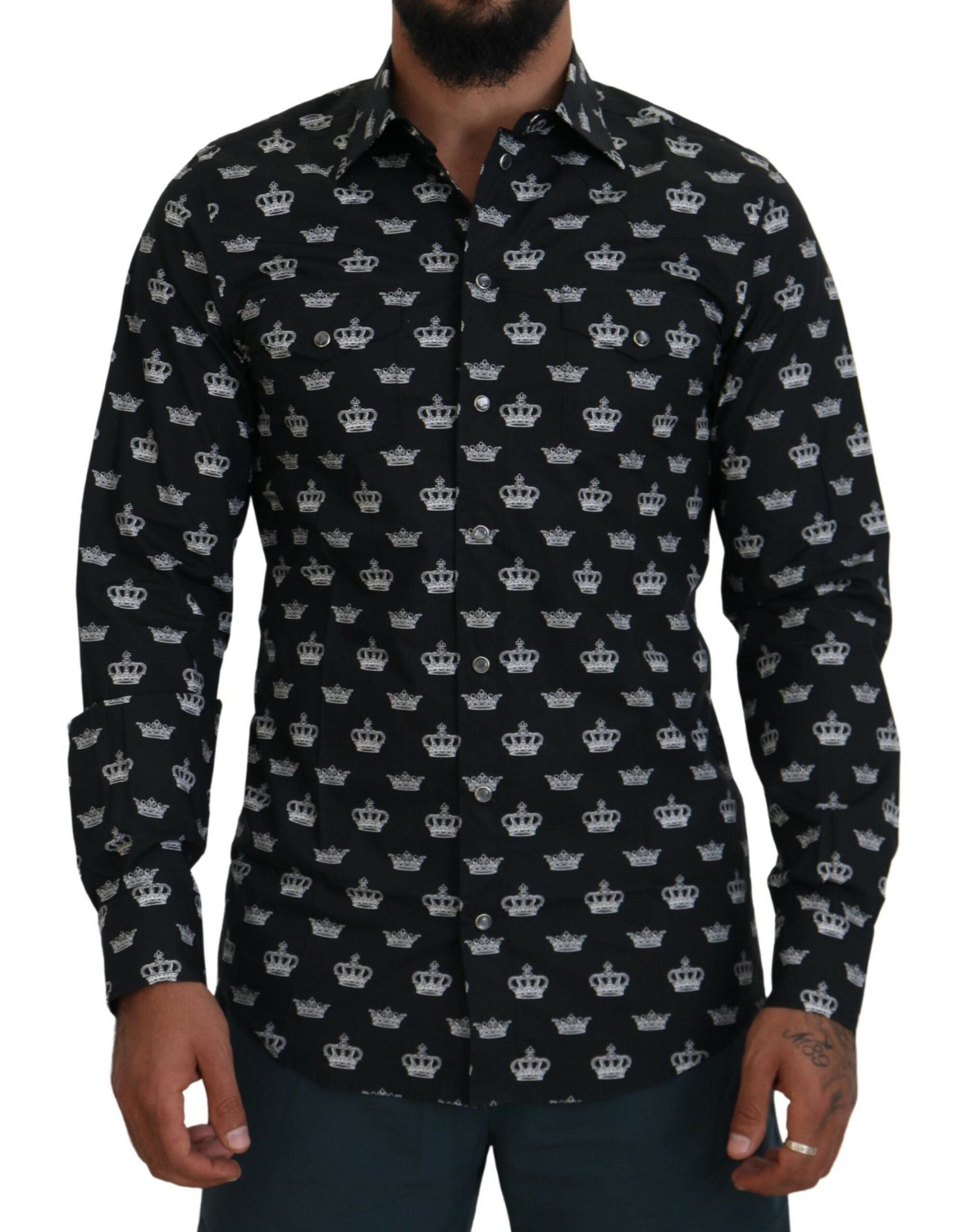 Dolce &amp; Gabbana Black Crown Print GOLD Slim Shirt
