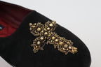 Dolce &amp; Gabbana Black Suede Gold Cross Slip On Loafers Shoes
