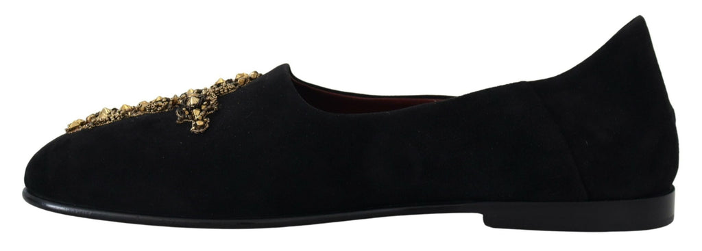 Dolce &amp; Gabbana Black Suede Gold Cross Slip On Loafers Shoes