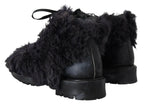 Dolce &amp; Gabbana Black Leather Combat Shearling Boots Shoes