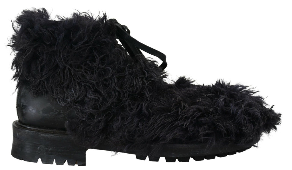 Dolce &amp; Gabbana Black Leather Combat Shearling Boots Shoes