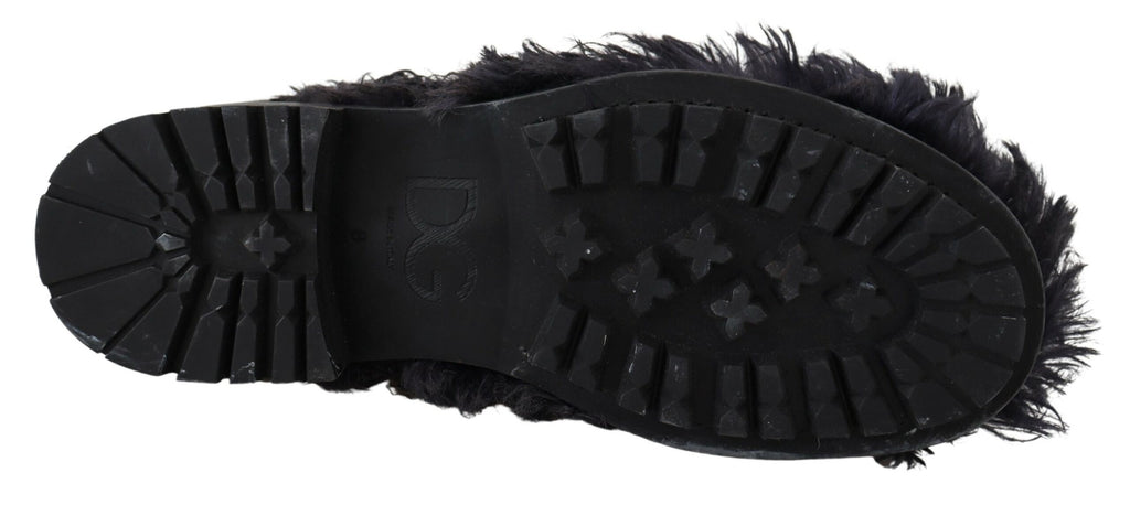 Dolce &amp; Gabbana Black Leather Combat Shearling Boots Shoes