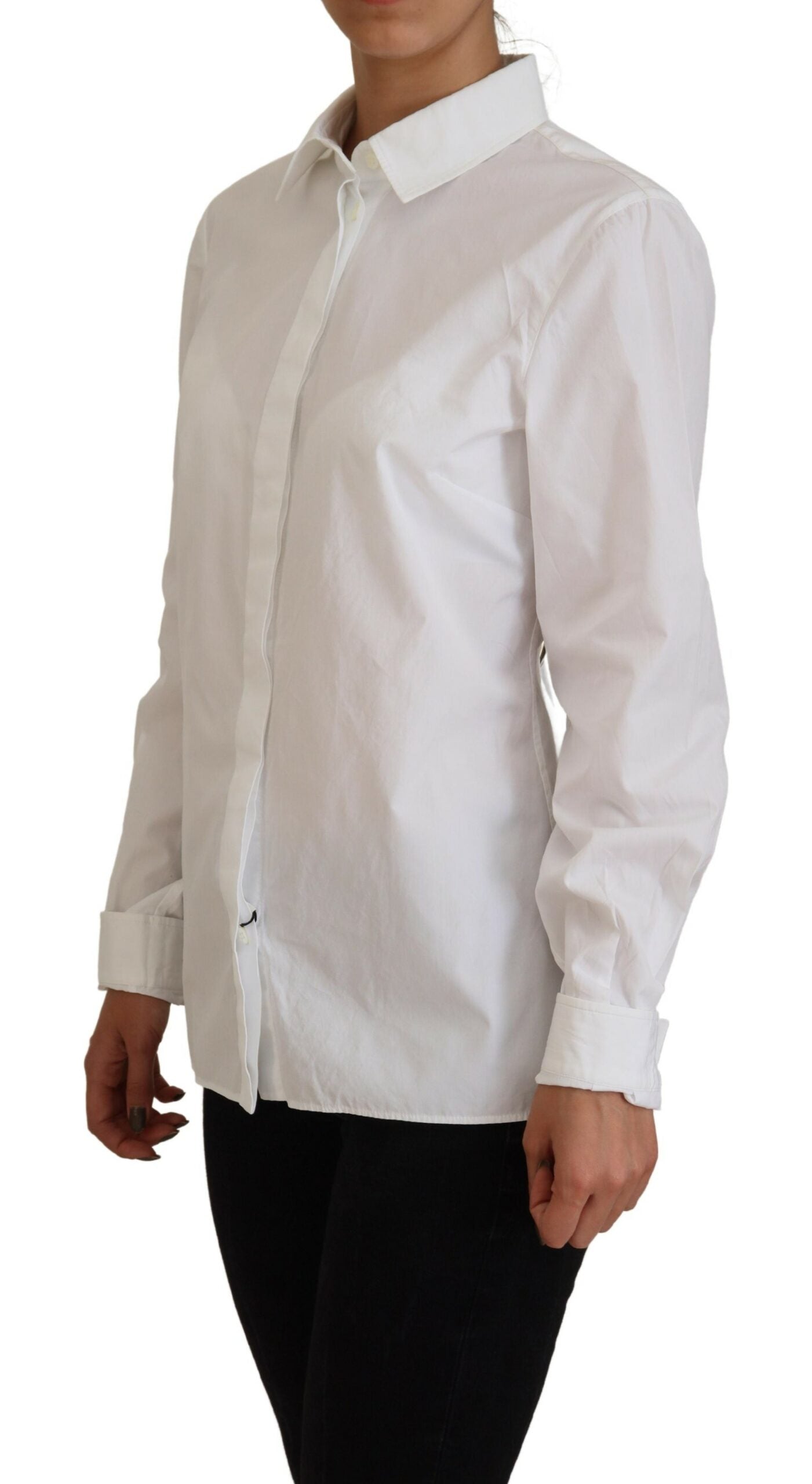 Dolce &amp; Gabbana White Cotton Collared Long Sleeves Formal Top