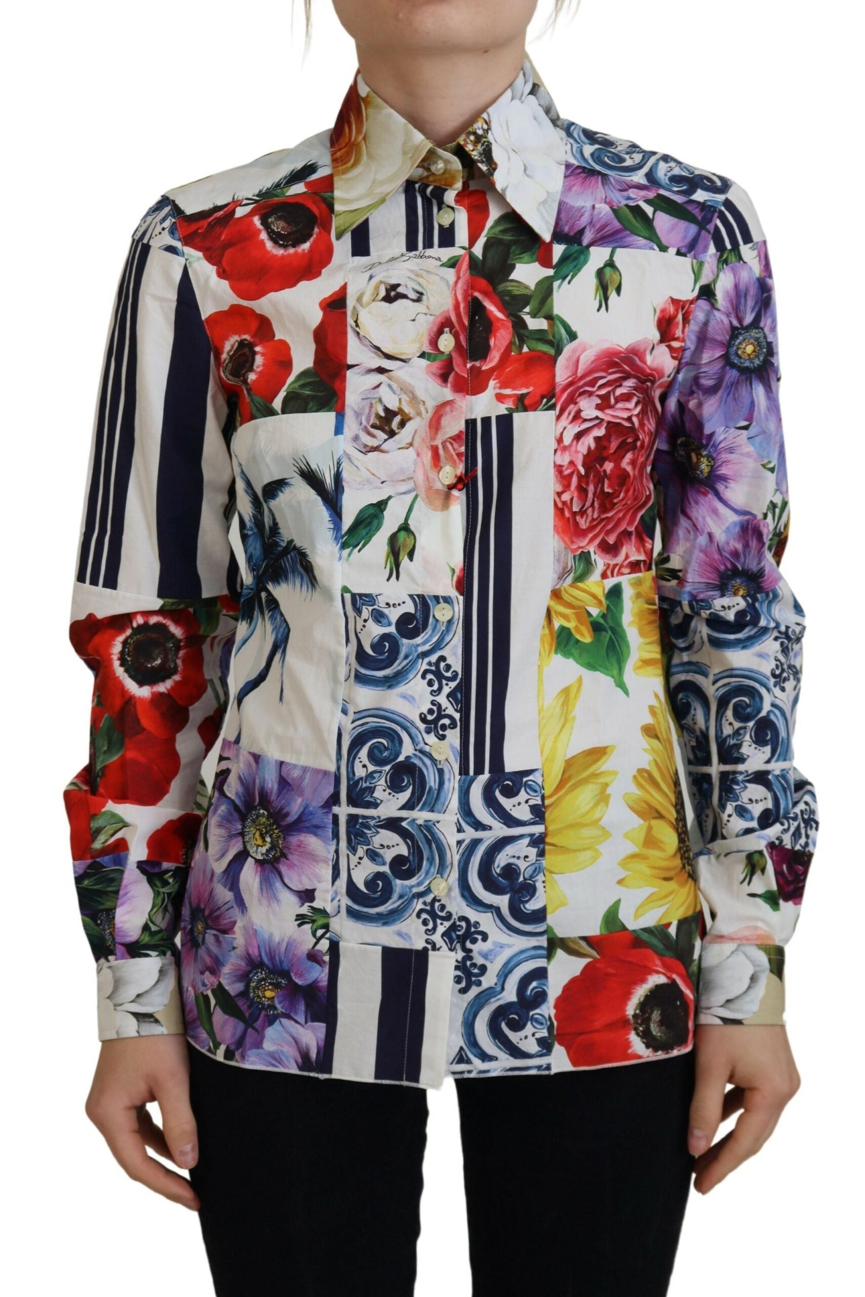 Dolce &amp; Gabbana Multicolor Floral Cotton Collared Blouse Top